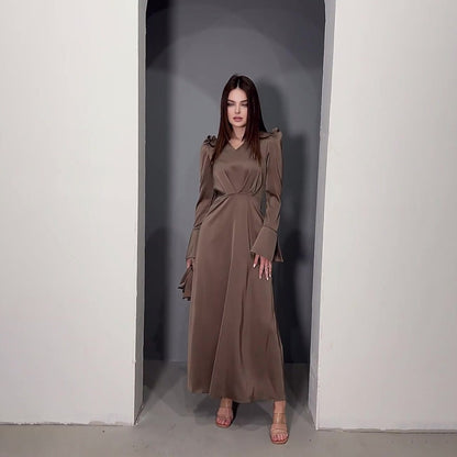 Retro V-neck Puff Sleeve Long Tie Waist-controlled Long Sleeves Dress