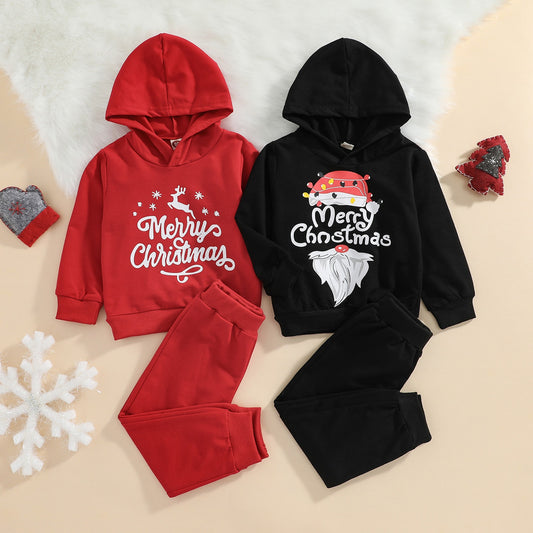 Christmas Hooded Sweater Set Baby Hooded Tops Pants Suit Long Sleeve Shirt Cartoon Santa / Elk Letters Sports Trousers For Kids