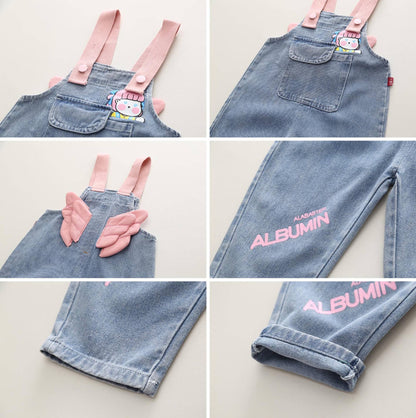 Girls' Cute Denim Suspender Trousers Cartoon Jumpsuit Two-piece Set