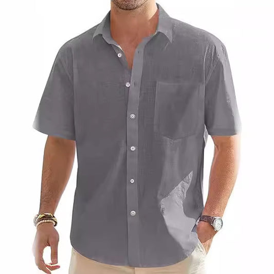 Camisa de manga corta de algodón y lino para hombre Camisa informal con botones