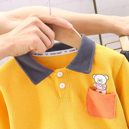 Children's Casual Fashion Polo Collar Bear Long-sleeved Sweater Two-piece Set
