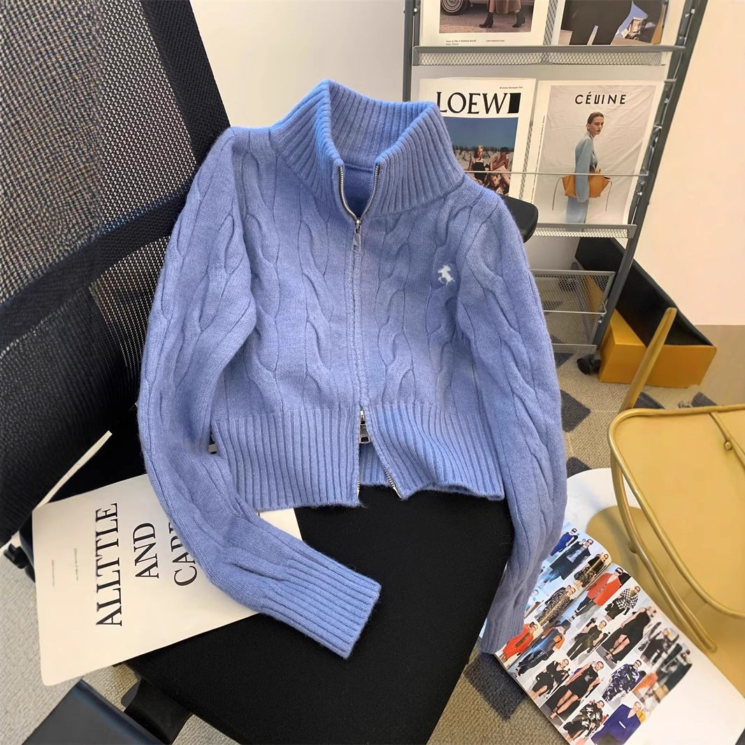 Retro floral stand up collar sweater jacket for women