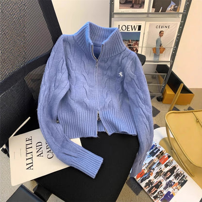 Retro floral stand up collar sweater jacket for women
