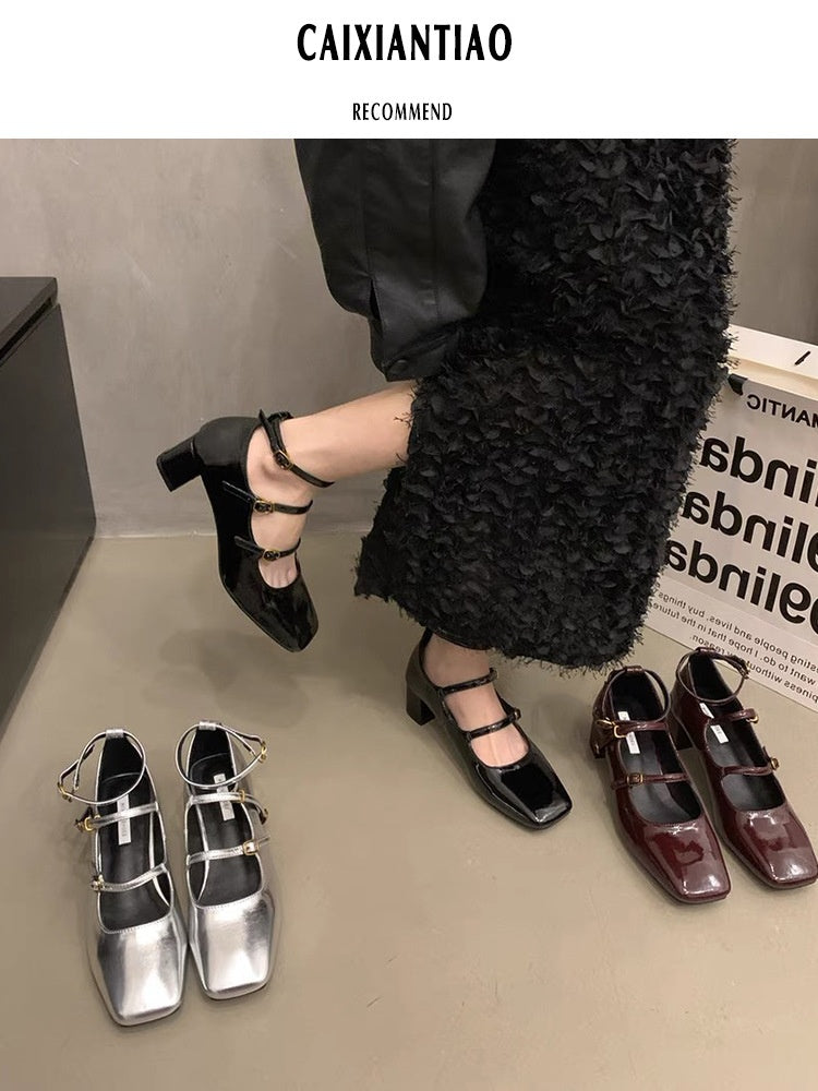 Silver Square Toe French Style Women's Shoes Chunky Heel Pumps High Heels