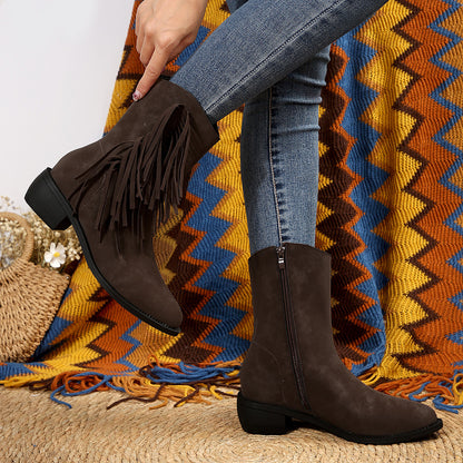 Botas de caballero con borlas, cremallera lateral, punta puntiaguda y tacón bajo elegantes para mujer