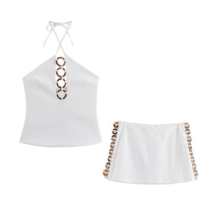 Accessories hanging neck short top, short skirt and pants set for women
