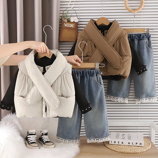 Girls Winter 3-Piece Set Thickened Fleece Hoodie Vest Scarf Stylish Warm Outfit