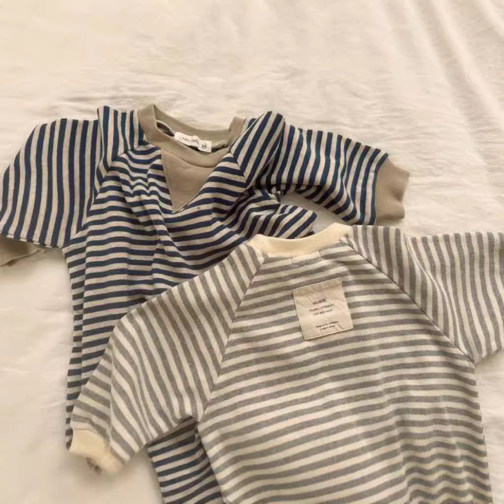 Striped Round Neck One-piece Long Sleeves Boys And Girls