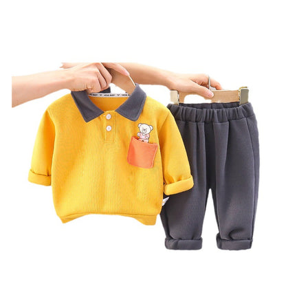 Children's Casual Fashion Polo Collar Bear Long-sleeved Sweater Two-piece Set