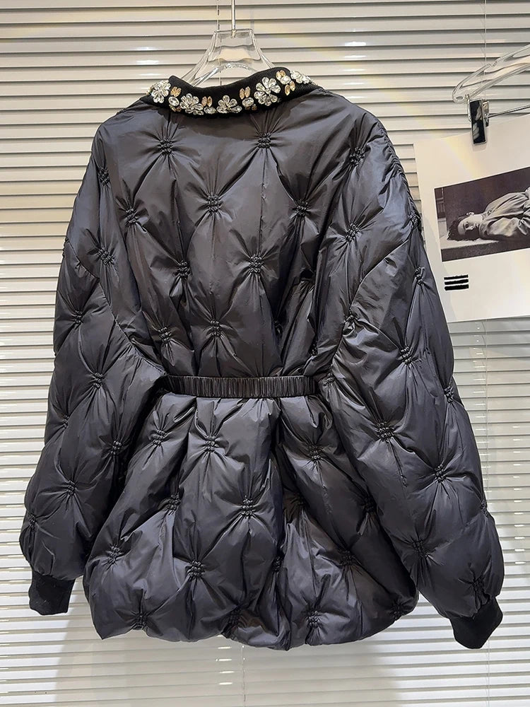 Trendy Women's Diamonds Rivet Warm Coat  Winter Fashion V-neck Belt Long Sleeves Cotton-padded Jacket Female