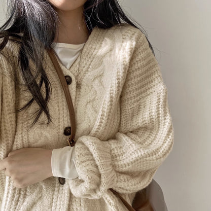 Knit Cardigan for Women Spring and Autumn Vintage Short Stature Loose Long Sleeve French Cable Knit Sweater Outerwear