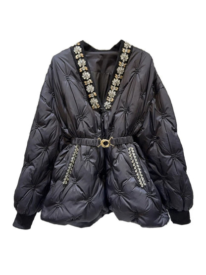 Trendy Women's Diamonds Rivet Warm Coat  Winter Fashion V-neck Belt Long Sleeves Cotton-padded Jacket Female