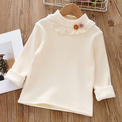 Girls' Winter Thermal Base Layer, Fleece-Lined Half-High Neck Knit Top with Lace Trim, Floral Patterned Innerwear Sweater for Kids