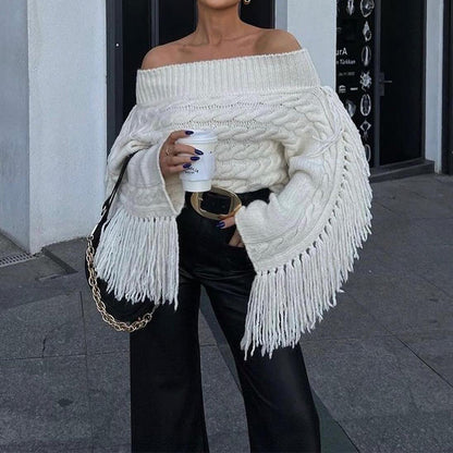 Tassel Knitted Sweater Off-shoulder Long Sleeve Pullover