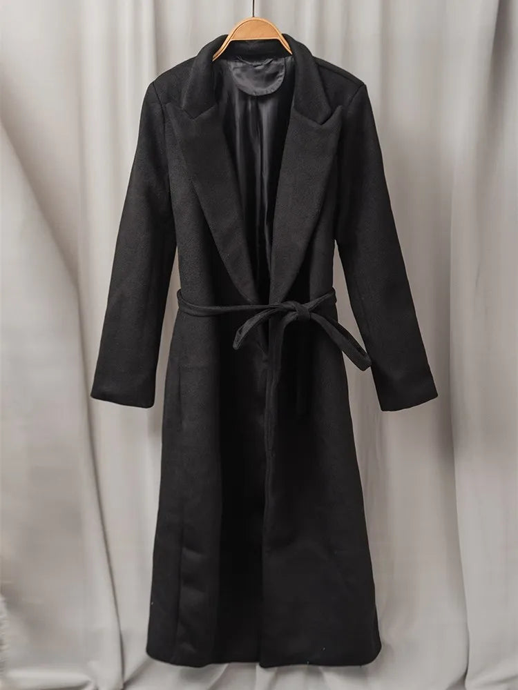 Solid Elegant Trenches For Women Notched Collar Long Sleeve Patchwork Lace Up Vintage Casual Trench Female Clothing