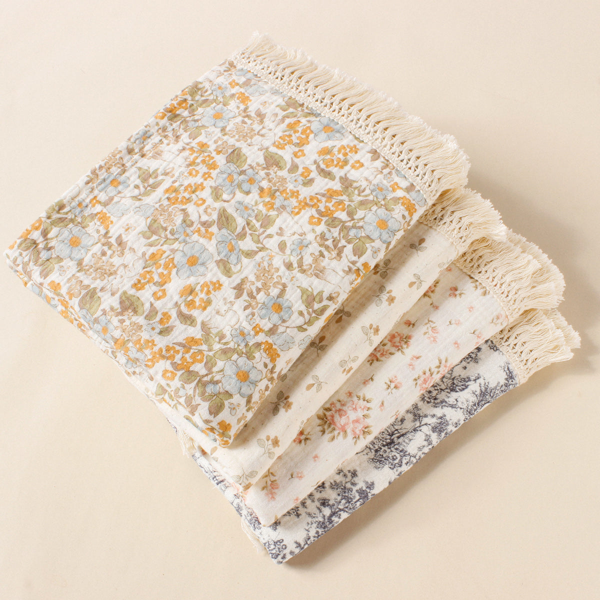 Double layer gauze blanket baby printed pure cotton crepe cloth trolley cover blanket tassel lace baby shawl blanket