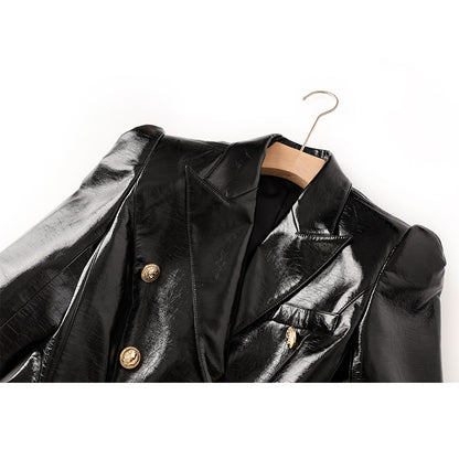 Black PU leather shiny face shrugged slim fit suit with waist cinching temperament cross-border jacket top trend