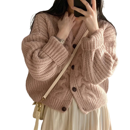Knit Cardigan for Women Spring and Autumn Vintage Short Stature Loose Long Sleeve French Cable Knit Sweater Outerwear