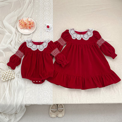 Christmas Red Ruffle Collar Dress for Girls