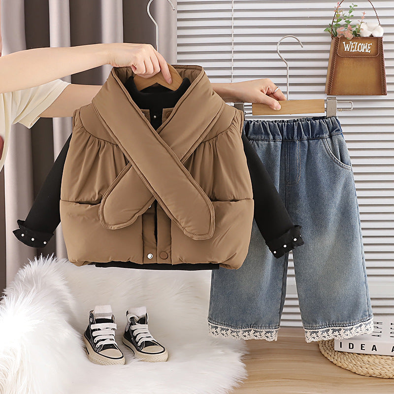 Girls Winter 3-Piece Set Thickened Fleece Hoodie Vest Scarf Stylish Warm Outfit