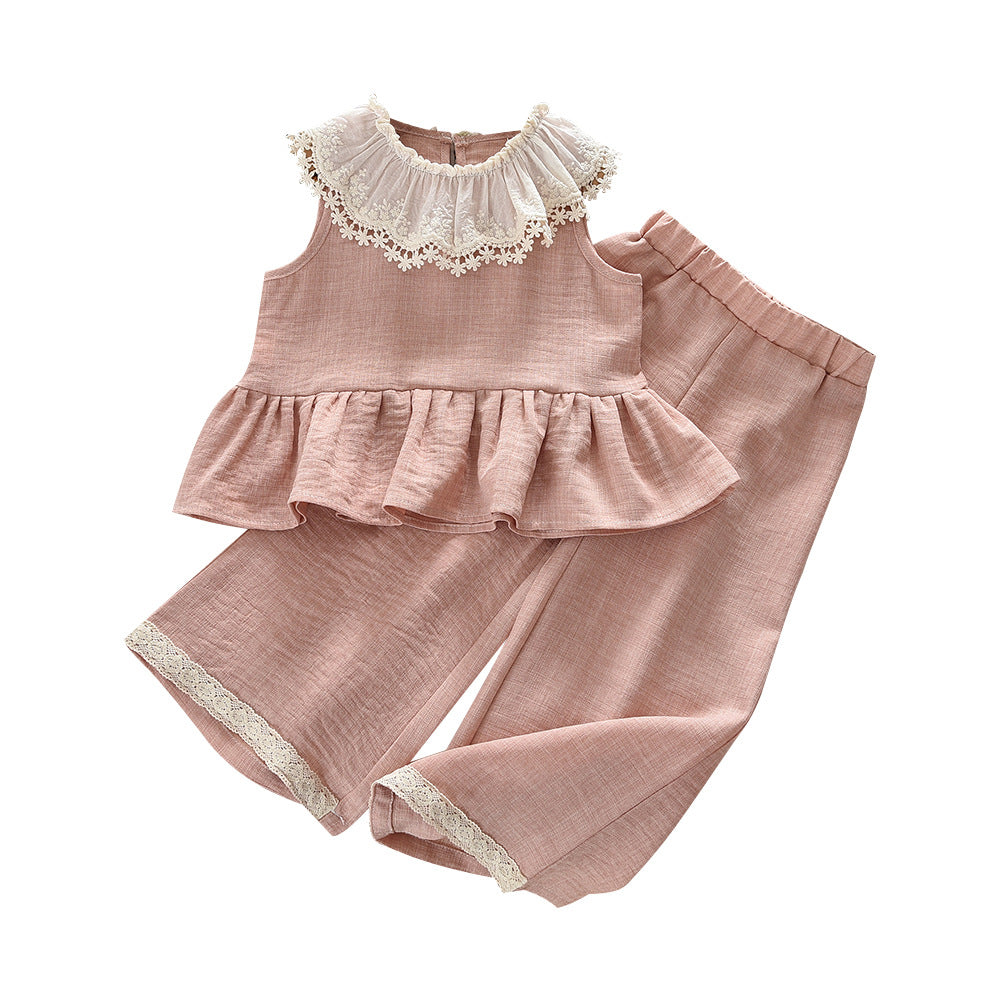Cute Flower Trim Sleeveless Baby Shirt and Long Pants Two-Piece Set for Girls Summer Outfit