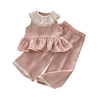 Cute Flower Trim Sleeveless Baby Shirt and Long Pants Two-Piece Set for Girls Summer Outfit