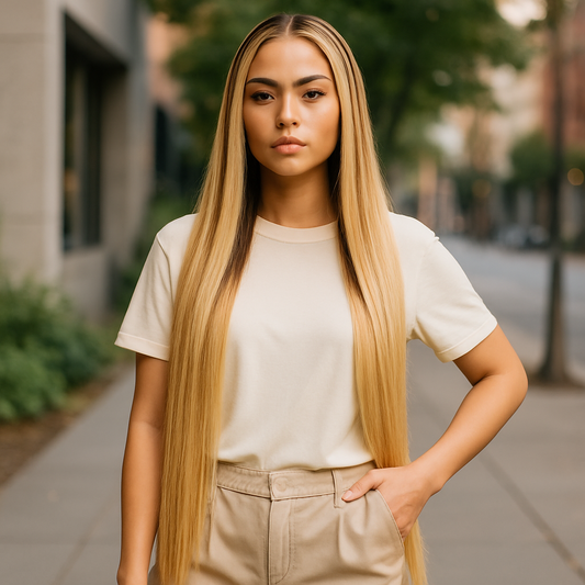 Vietnamese Human Hair Glueless Blonde Ombré Ready To  Wear 250% Full Density Straight Wig