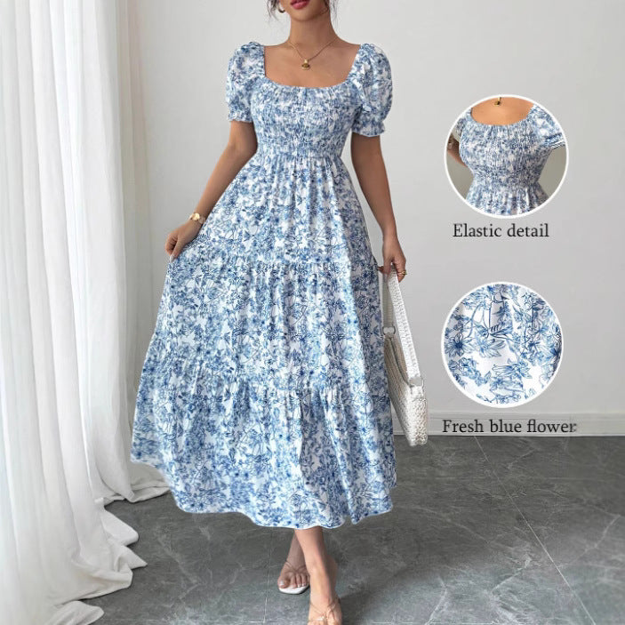 Elegant Idle Style Printed Square Collar Loose Long Puff Sleeve Dress