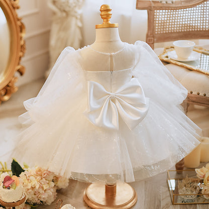 Long Sleeve Handmade Pearl Embroidery Children Princess Dress Gown