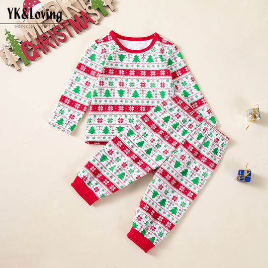Christmas Tree Print Long Sleeve T-Shirt and Pants 2-Piece Set for Girls Holiday Party Outfit