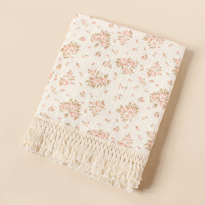 Double layer gauze blanket baby printed pure cotton crepe cloth trolley cover blanket tassel lace baby shawl blanket
