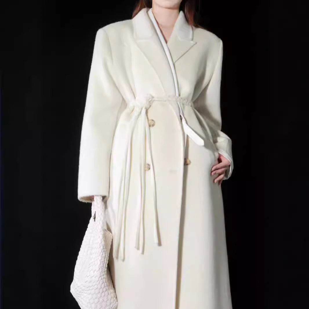 New high-end woven waistband design suit double-sided wool coat woolen coat medium long temperament women's coat