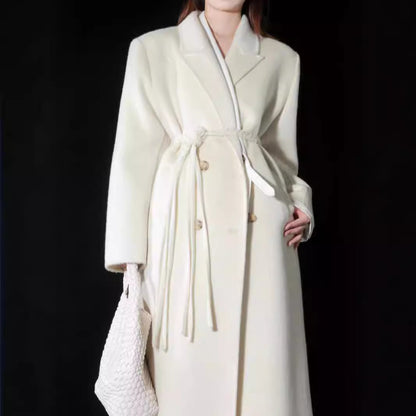 New high-end woven waistband design suit double-sided wool coat woolen coat medium long temperament women's coat