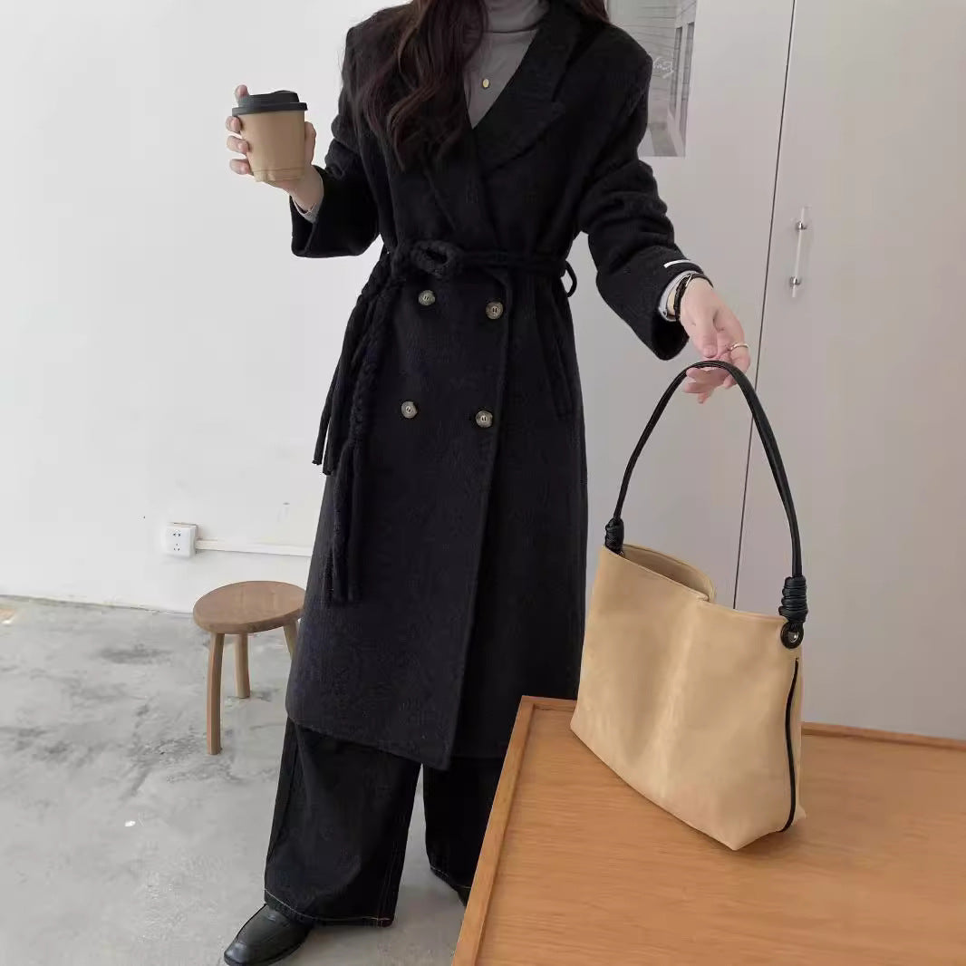 New high-end woven waistband design suit double-sided wool coat woolen coat medium long temperament women's coat