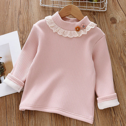 Girls' Winter Thermal Base Layer, Fleece-Lined Half-High Neck Knit Top with Lace Trim, Floral Patterned Innerwear Sweater for Kids