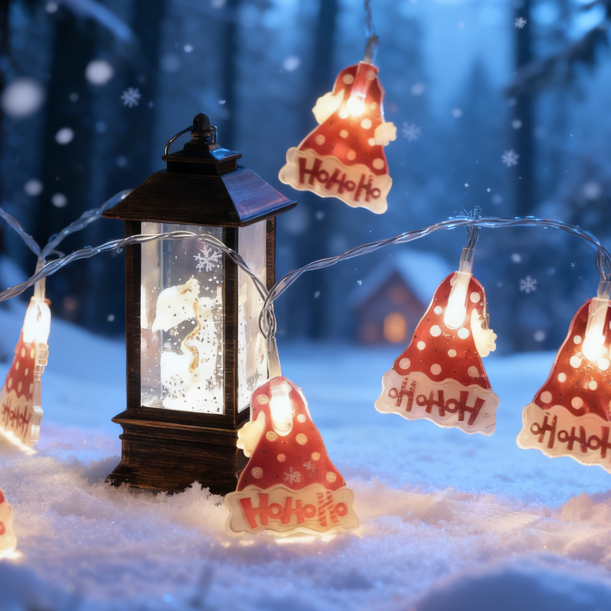 Colorful Christmas hats, Christmas lights, LED light strings