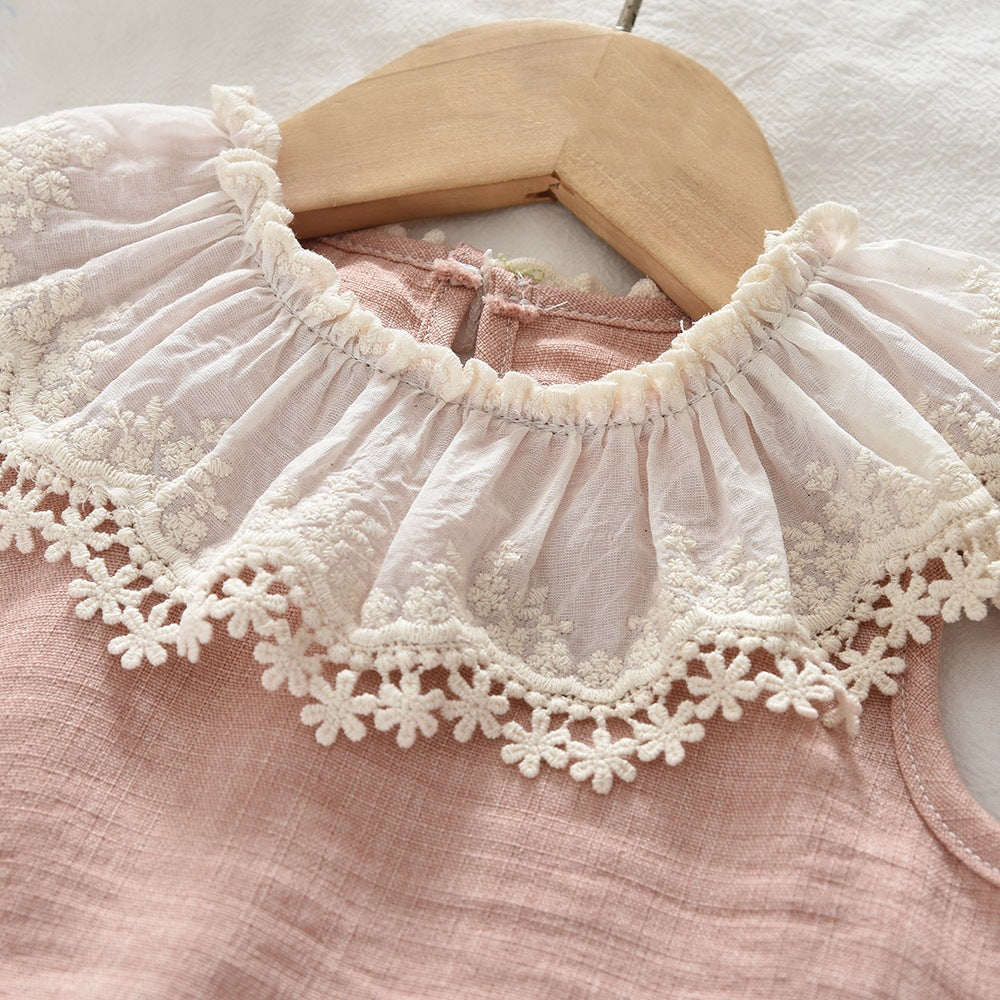 Cute Flower Trim Sleeveless Baby Shirt and Long Pants Two-Piece Set for Girls Summer Outfit