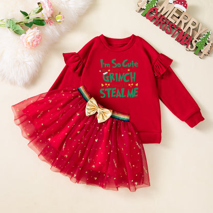 Fall and Winter New Girls' Christmas Dress Set, Double-Sided Fleece T-Shirt amp Skirt 2-Piece Set, Baby Party Outfit