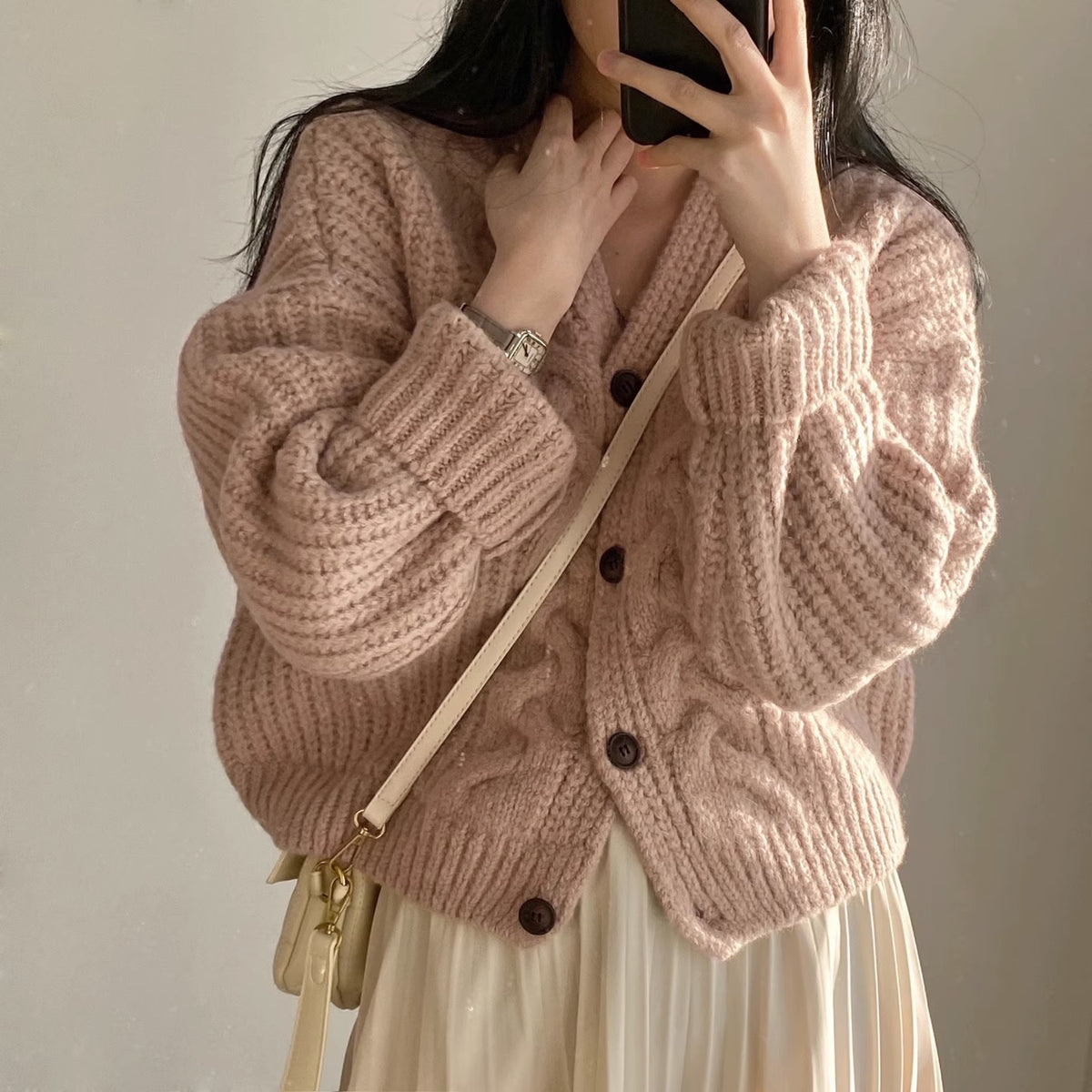 Knit Cardigan for Women Spring and Autumn Vintage Short Stature Loose Long Sleeve French Cable Knit Sweater Outerwear