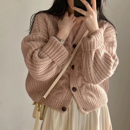 Knit Cardigan for Women Spring and Autumn Vintage Short Stature Loose Long Sleeve French Cable Knit Sweater Outerwear