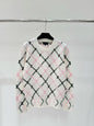 Geometric diamond grid jacquard round neck long sleeved knitted sweater sweet and fashionable sweater for women