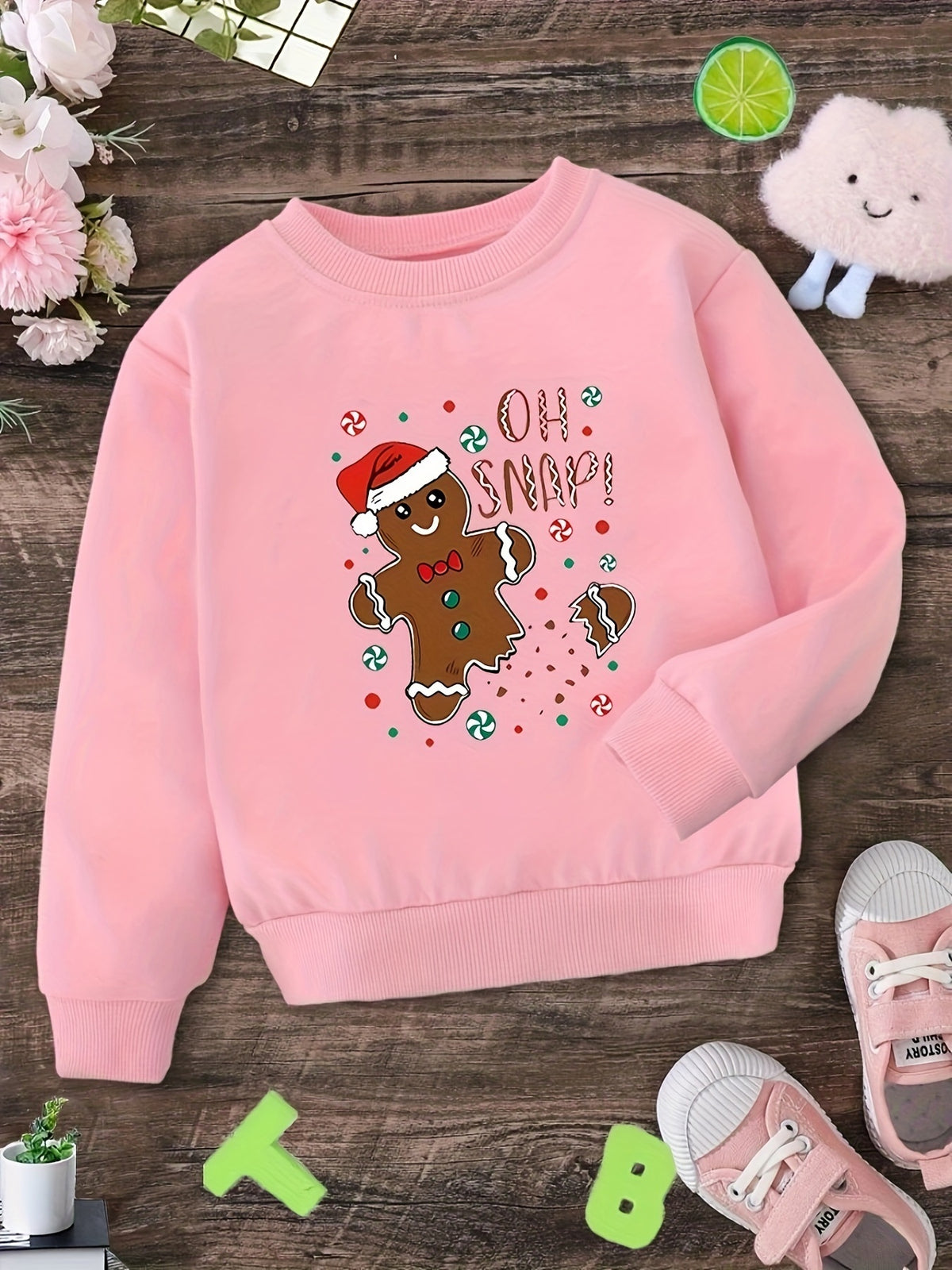 Christmas Gingerbread Graphic Girl Crew Neck Sweatshirt, Tod