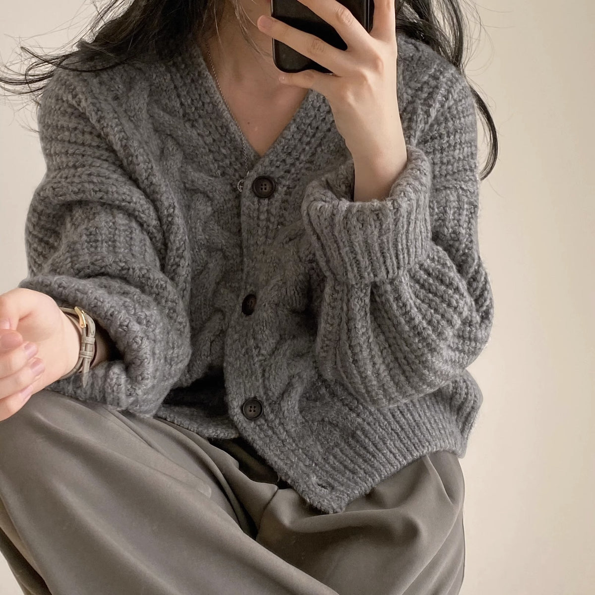 Knit Cardigan for Women Spring and Autumn Vintage Short Stature Loose Long Sleeve French Cable Knit Sweater Outerwear