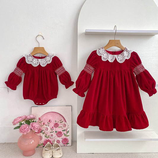 Christmas Red Ruffle Collar Dress for Girls