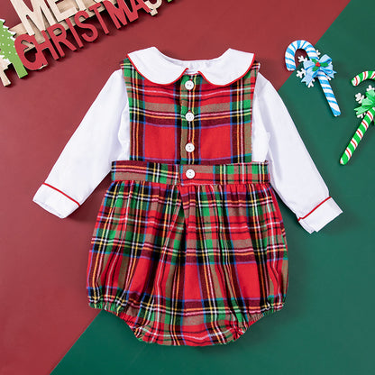 Christmas Carnival Baby Romper Set with Plaid Sleeveless Bodysuit and Long Sleeve T-Shirt, 2-Piece Outfit