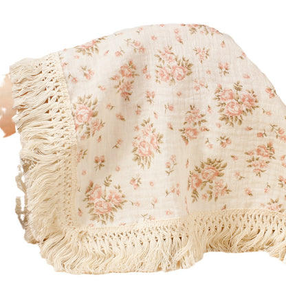 Double layer gauze blanket baby printed pure cotton crepe cloth trolley cover blanket tassel lace baby shawl blanket