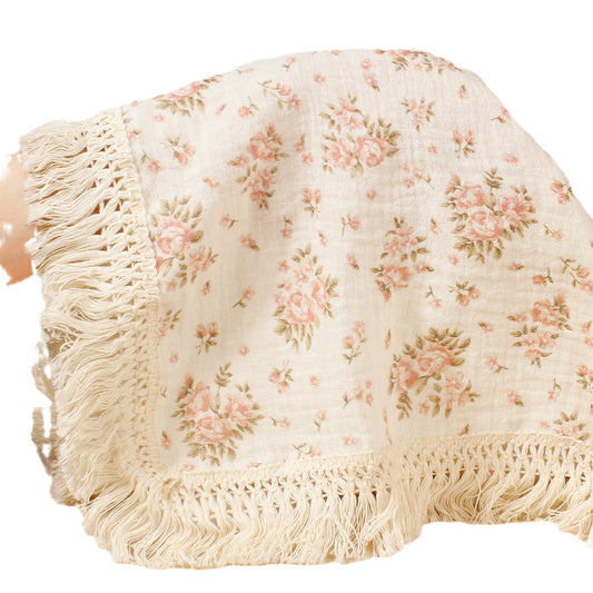 Double layer gauze blanket baby printed pure cotton crepe cloth trolley cover blanket tassel lace baby shawl blanket