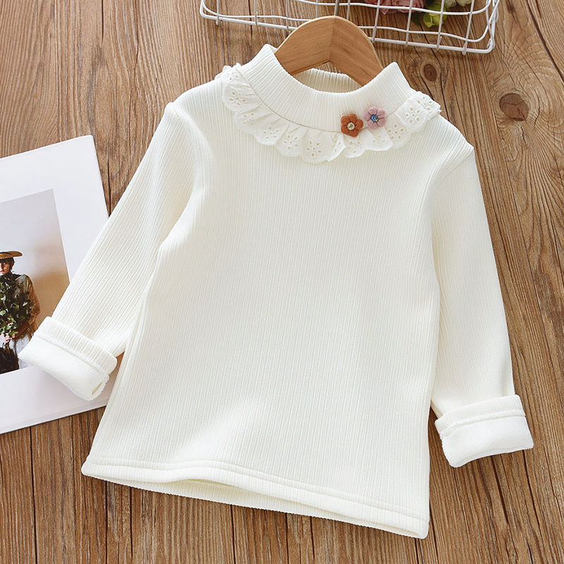 Girls' Winter Thermal Base Layer, Fleece-Lined Half-High Neck Knit Top with Lace Trim, Floral Patterned Innerwear Sweater for Kids