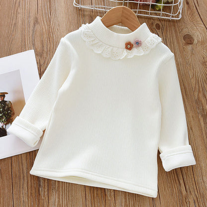 Girls' Winter Thermal Base Layer, Fleece-Lined Half-High Neck Knit Top with Lace Trim, Floral Patterned Innerwear Sweater for Kids