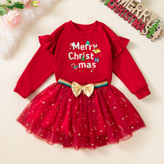 Fall and Winter New Girls' Christmas Dress Set, Double-Sided Fleece T-Shirt amp Skirt 2-Piece Set, Baby Party Outfit